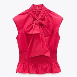 NWOT Zara 100% cotton pink sleeveless office siren bow blouse top shirt medium